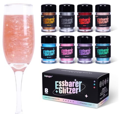 Essbarer Glitzer Set - 8 Farben Essbares Glitzer für Getränke | Glitzerpulver für Torten, Cocktails, Erdbeeren, Schokolade, 100% lebensmittelechtes Streusel Glitzerpulver (5g/Flasche)