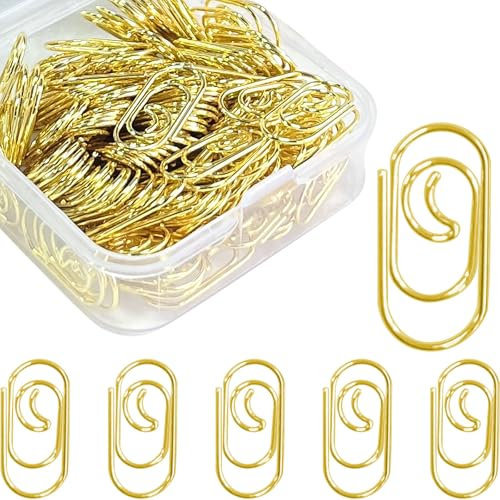 luckaide Büroklammern, 130 Stück Büroklammern Mond Gold mit Transparentbox Klein Büroklammer Oval Motiv für Büro, Klassenzimmer, Aktenklammer