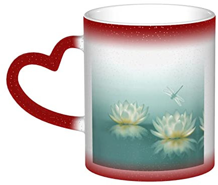 KLMELLMDE Farbwechselnde Libelle mit Seerosen-Tasse im Himmel, bedruckte Farbwechsel-Tassen, einzigartige Kaffeetassen, Geburtstagsgeschenke, Souvenir-Geschenke, Büro-Kaffeetassen, Frühstückstassen