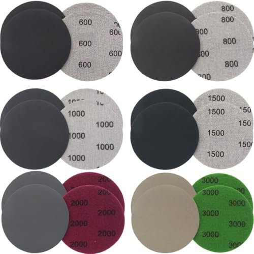 24 Pezzi Carta Vetrata, 75 mm Dischi Abrasivi Rotondi, Tamponi per Levigatrice Orbitale Bagnati e Asciutti, Carta Abrasiva per Legno Metallico - Grana 600/800/1000/1500/2000/3000