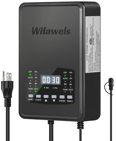 WILAWELS 300W Low Voltage Landscape Transformer, 2 Zone Independent Control Landscape Lighting Transformer, 120VAC to 12/14V AC Low Voltage Transformer with Timer & Photocell Sensor ETL Listed D22LT06