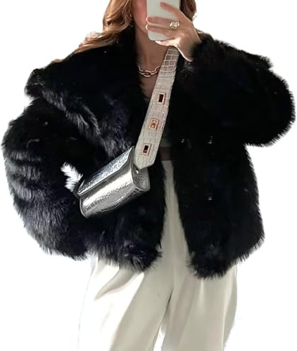 Veste courte en fausse fourrure à manches longues pour femme - Manteau d'hiver chaud à poils longs avec poches