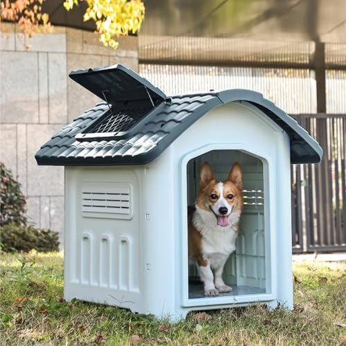 HJYryhyfddply HundehüTte, Isolierter Hundeunterschlupf aus Kunststoff für Den AußEnbereich, Wetterfester, Stabiler Hundezwinger für Kleine Hunde(Medium)