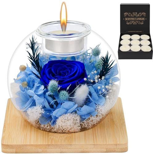 MestectPET Rose Éternelle en Verre, Coffret Cadeau de Rose Préservée et Bougies Parfumées, Cadeau D'anniversaire Fête des Mères Saint-Valentin Noël pour Maman, Petite Amie, épouse, Femme (Bleu)