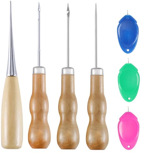 RTRTGS Set da 4 punteruoli + 3 infilatori di aghi, con manico in legno, punteruolo artigianale, punteruoli da cucito e punteruoli per cuoio, per riparazione di tela e pelle, set artigianale in pelle