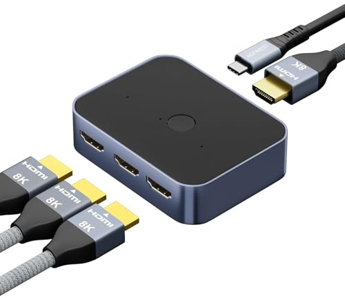 Commutateur HDMI 2.1 Switch 3 Entrées 1 Sortie, 8K 60Hz 4K 120Hz 48Gbps HDMI Switch UHD HDR 3D Compatible avec PS5/Switch/Xbox/Steam Deck/PC/Streaming/HDTV/Moniteur/Projecteur