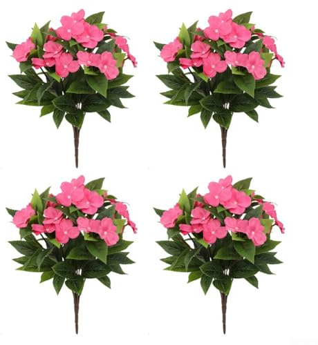 MeevrgR Impatiens artificiels – 40 cm – Faux rhododendrons résistants aux UV (5 couleurs) – Lot de 4 pour paniers suspendus et décoration d'extérieur (rose rouge)