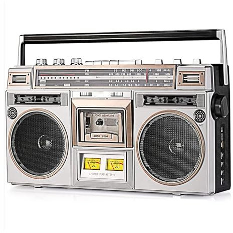 TsoLay Boombox Rétro Style Années 80, Lecteur Cassette Bluetooth Rétro avec Radio, Haut-Parleur Intégré, Prise Casque 3,5 Mm, Entrée SD/USB, Idéal pour Les Réunions De Famille Et Les Voyages