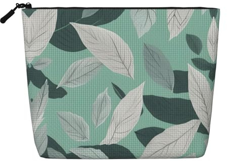 Bolsa de maquillaje de cáñamo falso con estampado de hojas grises menta, bolsa de aseo de viaje para mujeres, almacenamiento diario, viajes de negocios y más, Hojas de color gris menta, Talla única