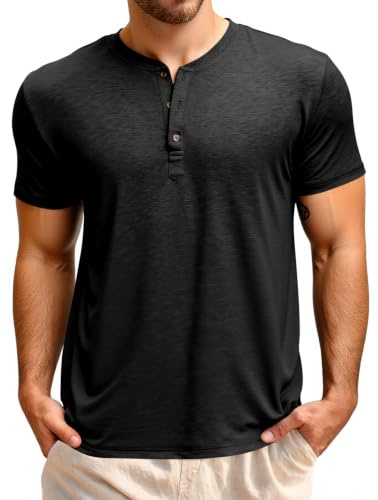Runcati Camiseta de manga corta para hombre, camiseta Henley de verano, corte regular, parte superior para hombre, cuello redondo, monocolor, camisa básica, informal, camiseta con botones, Negro , L