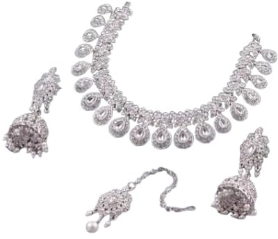 Brudsmycken i kristall strass med halsband, Jhumka örhängen och Tikka, bröllopssmycken, smycken