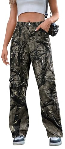 IVIR Camo Pants for Women Baggy Cargo Pants Mid Rise Drawstring Elastic Waist Outdoor Sport Hiking Trousers Camouflage Small