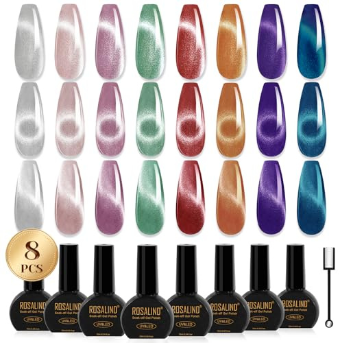Rosealind UV nagellack kristall kattöga, 8 färger magnetiskt silver röd violett blå grön rosa nagellackset med magnet, UV LED kattögoneffekt gel nagellack för profesionell salong och hemma