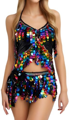 SEAUR Ensemble 2 pièces avec jupe à franges à paillettes pour femme - Tenue de danse du ventre réglable à lacets dans le dos - Écharpe de hanche pour carnaval, festival, fête, performance sur scène
