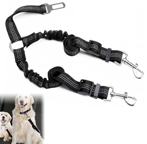 Dhisperares 2 in 1 Cintura Sicurezza Cani Auto, 52-75 cm, Doppia Testa Elastica, Guinzaglio Doppio, Regolabile, Riflettente di Notte, Fibbia Universale per Auto