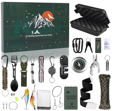 Calendrier De Compte À Rebours 24 Jours | Outils de Survie Calendrier de 24 Jours avec Gadgets Cool,Accessoires de Camping Utiles et Portables pour Adolescents Adultes Passionnés d'Extérieur Randonnée