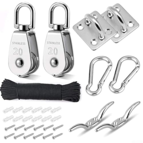 Yhenlovtt M20 Pulley System with 20m Nylon Rope and Stainless Steel Components, 360° Swivel for Smooth Operation, 150kg Load for Outdoor Garden and Marine Use()