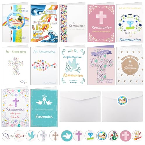 12 Erstkommunion Karten Set mit Umschlägen & Aufklebern, Grußkarten für Junge & Mädchen, Klappkarten mit religiösen Motiven zur Kommunion