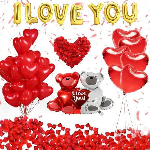 Decoración Romántica Pedir Matrimonio– Globos Dorados I LOVE YOU, Globos Corazón Rojos, Pétalos de Rosa Artificiales, Osos Amorosos, Regalo de San Valentín, Pack Completo para Bodas y Cumpleaños