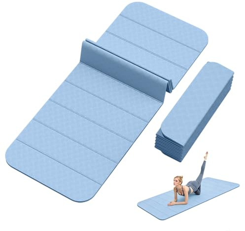 Klappbare Reise Yogamatte, Yoga Matte 185 x61x0.8 cm, Gymnastikmatte Faltbar mit Elastischer Schultergurt für Pilates, Workout, Fitness, Stretching (Blau)
