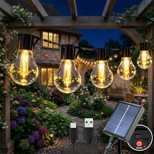 Guirlande Lumineuse Extérieure Solaire, 9M 20 LED Guirlande Guinguette Solaire et Rechargeable USB, 8 Modes Étanche Éclairage d'Ambiance pour Jardin, Balcon, Terrasse, Fête (Blanc Chaud)