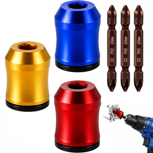 3 Anillos Magnéticos para Puntas de Destornillador con 3 Puntas PH2, Soporte Magnético de Tornillos 1/4 6,35 mm, Portapuntas Extraíble para Taladro, Atornillador, Bricolaje y Reparación