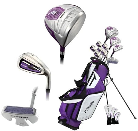 Exakt M5 kvinnors golfklubbor komplett set, inkluderar titanförare, S.S. Fairway, S.S. Hybrid, S.S. 5-PW strykjärn, putter, stativväska, 3 H/Cs, golfklubbor kvinnor vänsterhänta, lila
