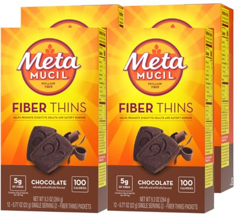 Metamucil, Fiber Thins, Daily Psyllium Husk Fiber Supplement, Supports Digestive Health and Satisfies Hunger, Chocolate Flavor, 48 Total Servings (4 Packs of 12)