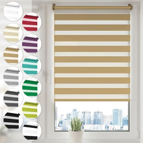 Doppelrollo Klemmfix ohne Bohren 80cm x 210cm Beige Duo Rollo Klemmrollo Sonnenschutzrollo Fensterrollo für Fenster & Türen Zebrarollo Seitenzugrollo