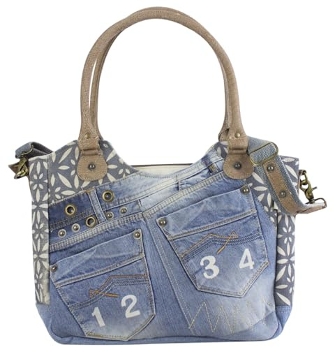Sunsa Damen Nachhaltige große Handtasche aus recycelte Jeans Canvas & Leder | Vintage Schultertasche. A4 geeignet Jeanstasche. Denim Tasche als Shopper Bag für Büro Alltag & Reise. Jedes Stück ein Unikat