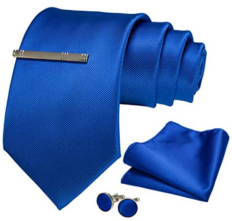JEMYGINS Cravate Homme bleu en Soie 9CM Extra Longue et Pinces à cravate et Carre de poche Set