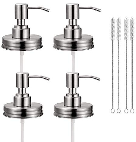4 Pack Mason Jar Soap Dispenser Lids with Pumps, Rustproof Stainless Steel, Lotion Soap Dispenser Lids Replacement for 16 oz Regular Mouth Mason Jar Decor, 4 Brushes Included Silver
