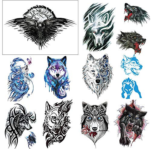 11 Blätter Geri & Freki Körperarm Temporäre Tattoo-Aufkleber Für Erwachsene, Fenrir Wolf/Odin Raven