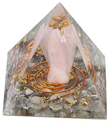 KYEYGWO Labradorit Positive Energie Pyramiden Edelstein mit Rosenquarz Engel Figuren, Stein Schutzengel Pyramide Reiki Heilung Kristallpyramide Desktop Ornament Haus Decor