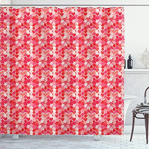 ABAKUHAUS Valentinstag Duschvorhang, Romantischer Day Hearts, Stoffliches Gewebe Badezimmerdekorationsset mit Haken, 175 x 180 cm, Dunkle Koralle und Rosa