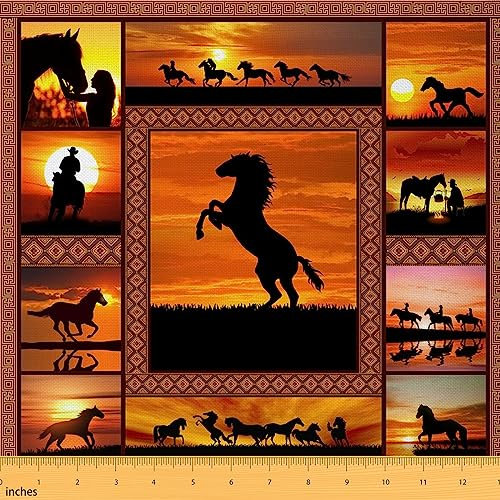 Pferd Stoff durch die Hof,Western Cowboys und Bauernhaus Sonnenuntergang Polsterung Stoff,Pferd Silhouette im Freien Stoff,Wilde Tiere Patchwork Wasserdichtes Gewebe zum Nähen,Gelb,92x150 (HxB)