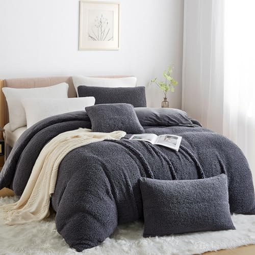 Nayoroom Winter Bettwäsche 135x200 4teilig Fleece Sherpa Warm Flauschig Bettwäsche-Sets ÖKO-TEX 2er Bettbezug 135 x 200 cm und 2 Kissenbezug 80x80 cm mit Reißverschluss | Grau