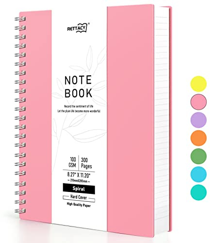 RETTACY A4 Notizblock, Notizbuch, Spiralgebundene Notizbücher, 300 Blatt/150 Seiten Zum Schreiben, 100 G/m² College-liniertes Papier, PVC-Hardcover, 21,5 x 27,9cm – Rosa