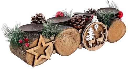Adventsgesteck HWC-M14 mit Kerzenhalter, Adventskranz Weihnachtsgesteck Holz FSC® 12x41x12cm - ohne Kerzen