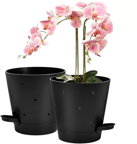 Vanslogreen Macetas de orquídea con agujeros, maceta de orquídea de riego automático de 6 pulgadas, paquete de 2 macetas de plástico para orquídeas, flores (negro)