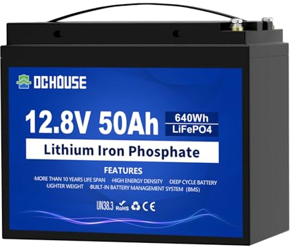 DCHOUSE 12V 50Ah Lithium LiFePO4 Batterie, integriertes BMS, 10 Jahre Lebensdauer, mehr als 4000 Zyklen, perfekt für Boot, Marine, Trolling-Motor, Camping, Solar-/Windkraft,Wohnmobil, Fischfinder