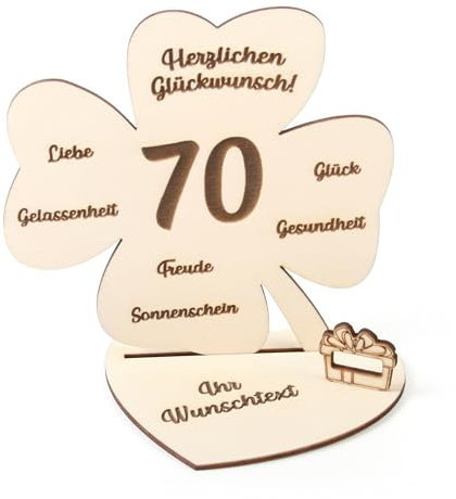 Kreative Feder Personalisierbarer 3D Geschenk-Aufsteller „Kleeblatt“ zum Geburtstag aus Holz (70 Jahre)