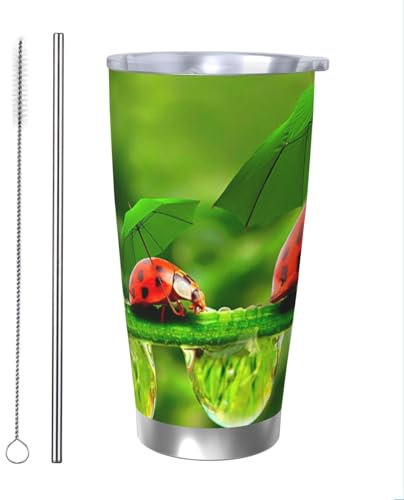 ESASAM Lustiger Marienkäfer mit Regenschirmen, vielseitiger 590 ml Autobecher – Ihr Reisebegleiter für heiße oder kalte Getränke, Edelstahlbecher für Kaffee-Enthusiasten, Reisebecher mit großem