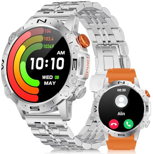 LIGE Smartwatch Herren mit Aod Mode,1.43'' Amoled HD Touchscreen Fitnessuhr IP68 Wasserdicht Schrittzähler mit 110 Sportmodi/45 Tage Batterie/Schlafmonitor Aktivitätstracker für iOS Android,Silber