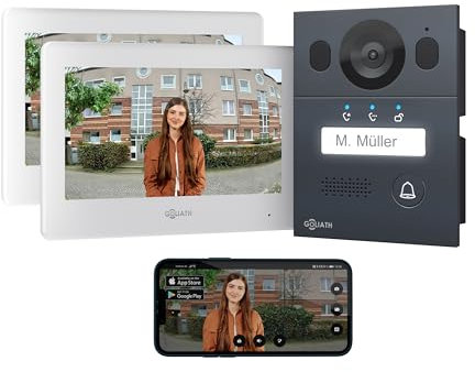 Goliath Basic Video Türsprechanlage, 2 Draht Bus, 2X 7 Monitor, Aufputz Türklingel mit Kamera, Gegensprechanlage mit Türöffner und Klingel, 1 Familienhaus, Plug & Play, Smartphone App, AV-BLS-09A