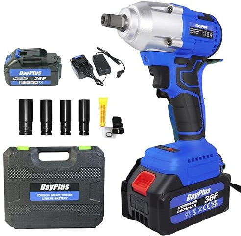 DayPlus Akku Schlagschrauber Bürstenloser 18V mit 2×6,0 Ah Akku, 420Nm Drehschlagschrauber zum Reifenwechsel, 3200RPM, LED Leicht, 4 x Buchsen 14/17/19/22mm, Aufbewahrungsbox, Blau