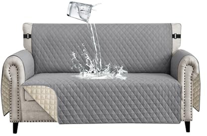 Lydevo Sofa Überzug 2 Sitzer wasserdichte rutschfest Sofabezug Mit Armlehnen Couchbezug Sofaüberwurf Kratzfest Reversible Gesteppte Schonbezug für Haustier Katzen Hunde,Blassgrau