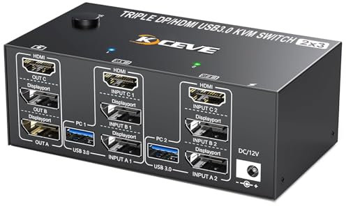 YOUTINGHDAV 2 commutateurs KVM DP + 1 HDMI 2 PC 3 moniteurs, commutateur KVM USB 3.0 triple moniteurs, 2 ports d'affichage + HDMI 8K @ 60 Hz 4K @ 144 Hz pour 2 PC, souris, clavier, avec télécommande