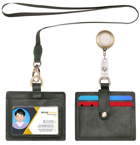 Wonderpool ID-bricka hållare äkta läder med avtagbar nackband och utdragbar bricka rulle kortfack fodral horisontell korthållare för möten arbete skola och körkort (grön)
