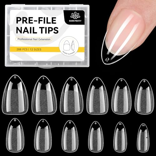 Born Pretty Nail Tips für Gelnägel Almond Kurz - 288 Stück Nageltips Mandel Set Soft Full Cover Gel Nail Tips Pre-Shaped Halbmatt Nagelspitzen für Acrylnägel und Nail Art DIY Nagelstudio 12 Größen